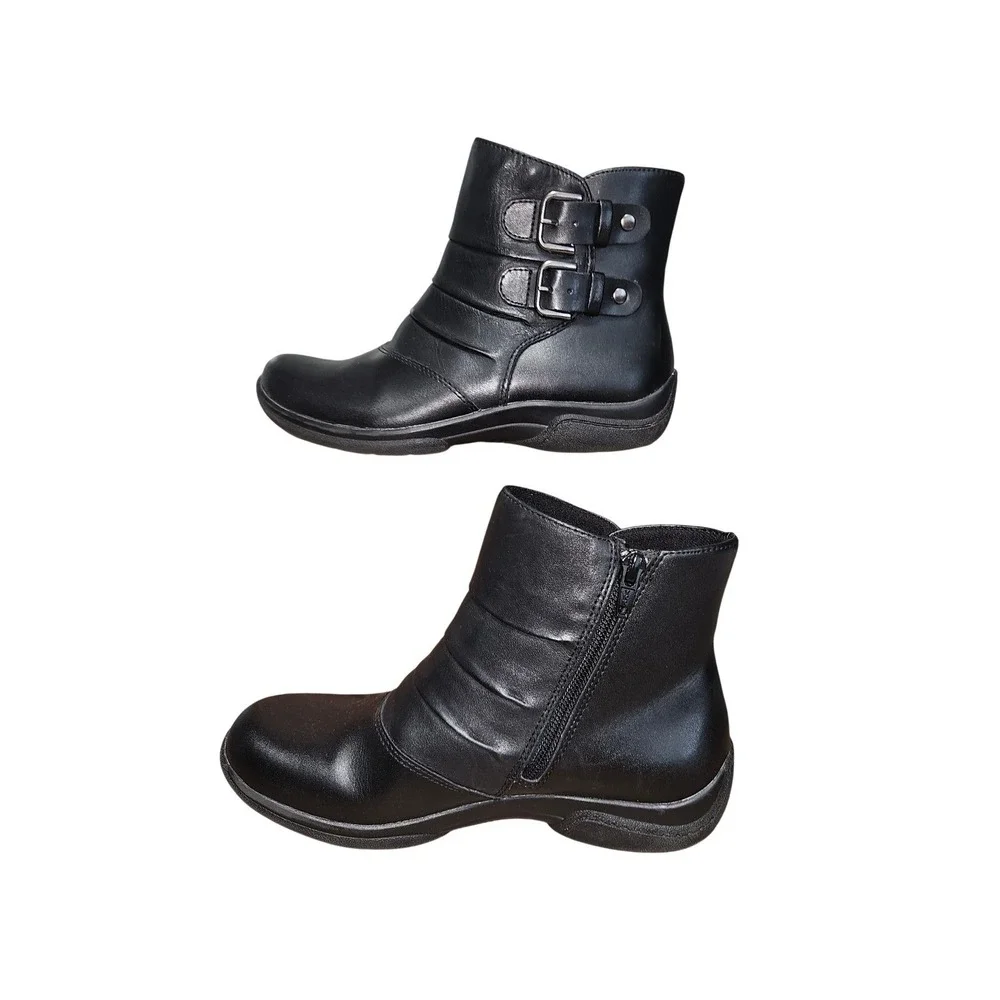 Earth Origins DeSoto‎ Black Leather Ankle Boots Buckle Zip Women's 6